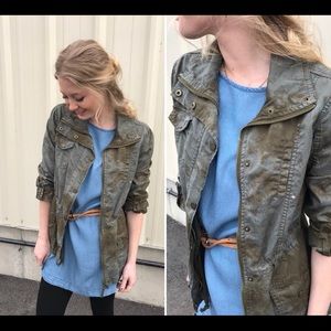 Green acid wash button up jacket with drawstring